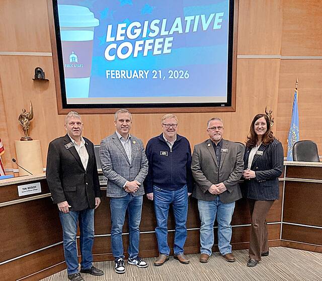 State lawmakers who participated in the legislative coffee, from left, are: Rep. Tim Reisch, Sen. Casey Crabtree, Sen. Tim Reed, Rep. Tim Walburg and Rep. Mellissa Heermann.