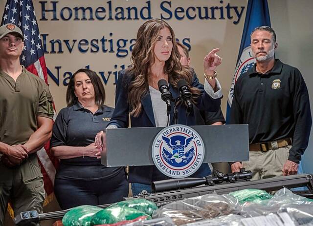Department of Homeland Security Secretary Kristi Noem at a Nashville press conference in July to discuss arrests of immigrants during recent Immigration and Customs Enforcement sweeps. (Photo by John Partipilo/Tennessee Lookout)