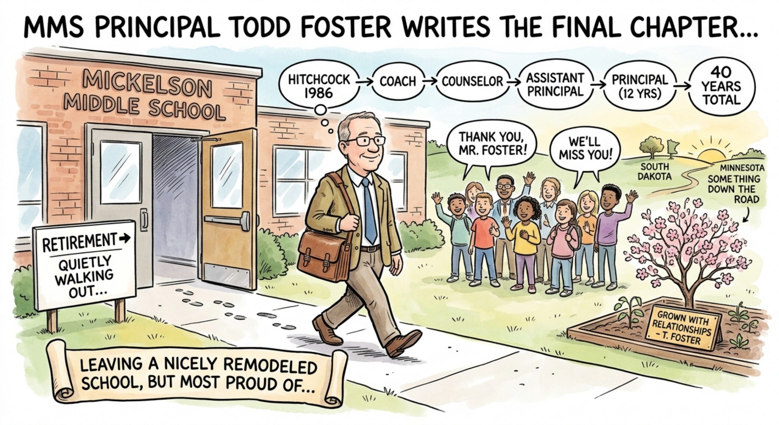Editorial cartoon: Principal Todd Foster’s retirement
