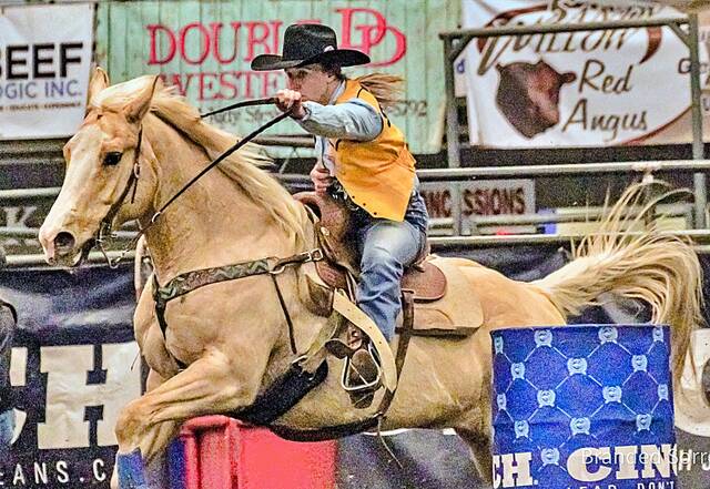 Madison Rotenberger and her horse, Smooches, participated in the barrel racing event at the Jackrabbit Stampede in Brookings on Apr. 13, 2024. Branded Sorrel Photography