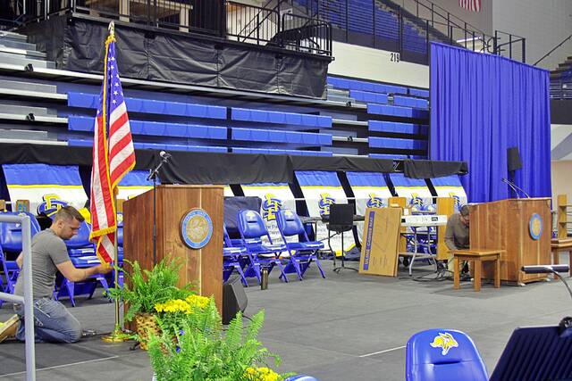 Preparing First Bank & Trust Arena for spring commencement ceremonies is an involved affair, but the sweat that goes into it will pay off May 9 when thousands of graduates and guests descend on the arena.
Mondell Keck/Brookings Register