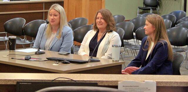 From left are Brookings Regional Growth Alliance representatives Matty Kerr, Lori Frederick and Stephanie Mason. They appeared at the April 21 meeting of the Brookings County Commission. Mondell Keck/Brookings Register