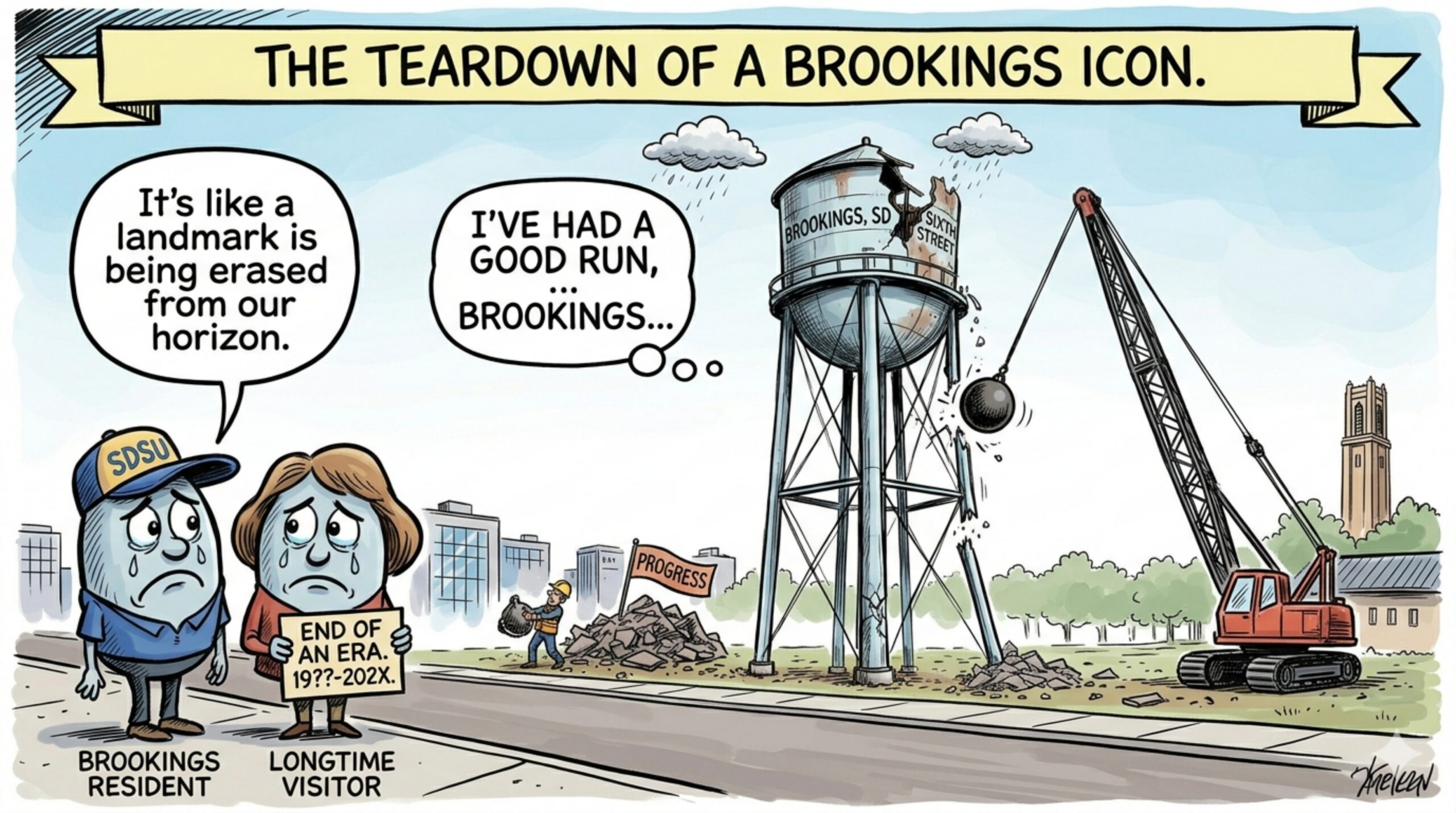 Editorial cartoon: Farewell, Sixth Street water tower