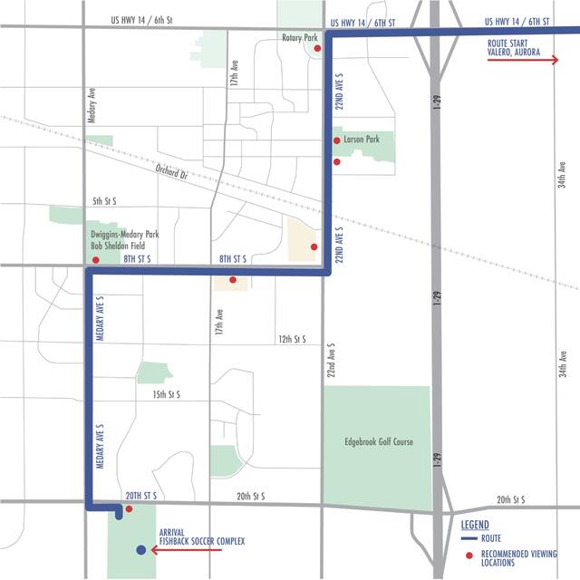 This map shows The Wall That Heals motorcade route from Aurora into Brookings on Tuesday. The motorcade will leave Aurora at 1 p.m.