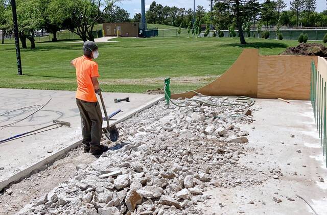 Eli Luther does preliminary work on June 9 for the renovation project at the Brookings Skate Park just north of Eighth Street South near Brookings High School.
Doug Kott/Brookings Register