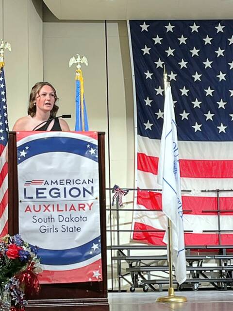 Quynn Nielson delivers a speech at Girls State in Vermillion last month.
Courtesy photo
